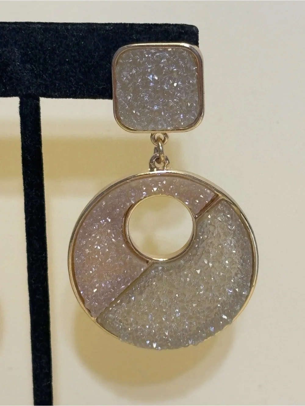Sugarfix Gold-Tone Pale Pink and Cream Druzy Circle Drop Earrings 2-3/8”